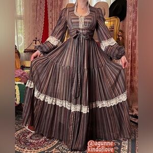 SOLD Gunne Sax Brown Striped Lace Long Sleeve Dress